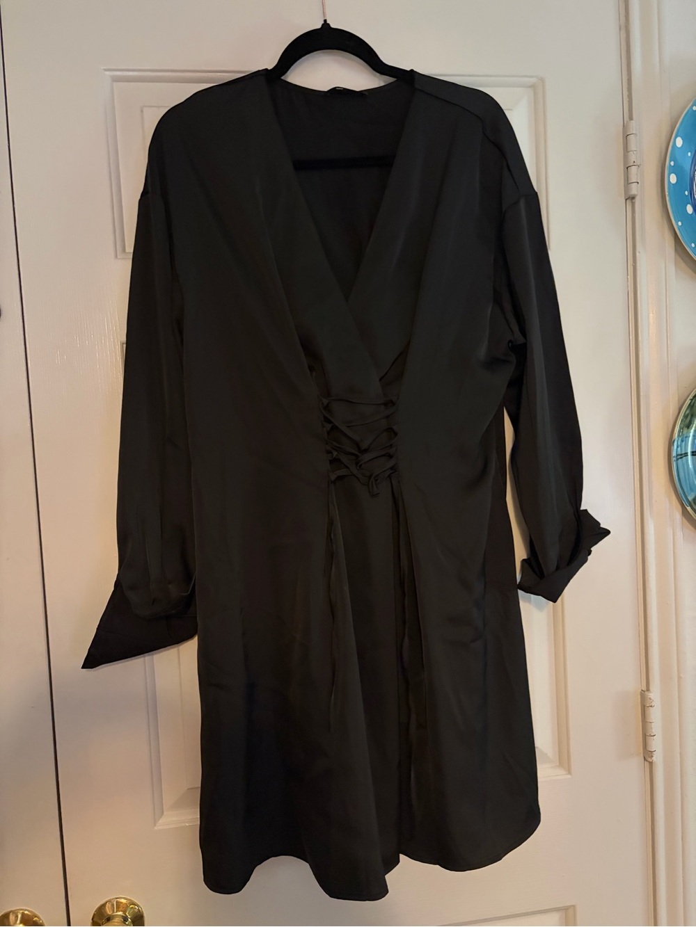 Black Wrap Front Dress with Lace-Up Detail